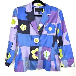 FINITY Studio Blazer Women's 8 Floral‎ Colorblock Purple Silk Cotton Lined VTG